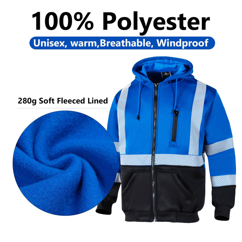 VENDACE High Visibility ANSI Class 3 Reflective Safety Fleece Sweatshirt Hoodie for Men Hi Vis Hoodies Zipper Jacket X-Large Royal Blue