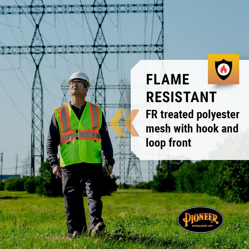 Pioneer Hi Vis Flame Resistant Vest For Men and Women - Self-Extinguishing FR Mesh - Reflective Tape - Class 2 - Hi Vis Yellow Yellow/Green Large-X-Large