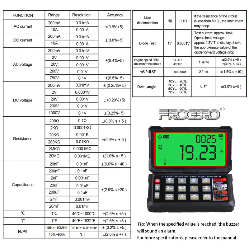 [Australia - AusPower] - FROGBRO TRMS 20000 Counting Digital Voltmeter with NCV Function, Auto Multimeter Tester, Measurement of Voltage, Current, Resistance, Diode, Temperature, Car Dwell Angle, Engine Speed, Pulse Width 