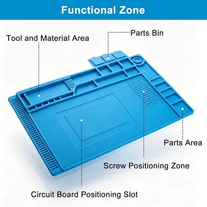 Silicone soldering mat 45 x 30 cm for electronics repair and soldering | 500°C heat-resistant antistatic silicone soldering mat with magnet & compartments for mobile phone, laptop, tablet repair, DIY model making