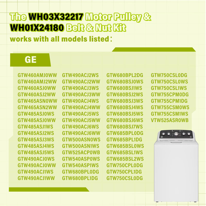 [Australia - AusPower] - WH03X32217 Washer 1/2 HP Motor Pulley & WH01X24180 Belt & Nut Kit Perfectly Compatible with GE Washer(some models), Replaces 4975025 4455970 WH07X24182 WH49X25377 290D1101P002 WH01X24180-50PK, etc. 