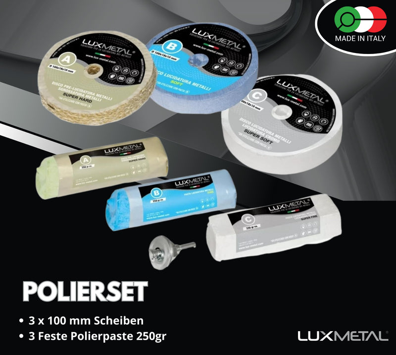 3 Polishing Paste 250 g - 3 Polishing Discs 100 mm, Polishing Set DIY Kit Sanding Paste Metal, Aluminium, for Drill, Stainless Steel, Brass, Copper, Wood, Plastic, Grinding Machines, Knives