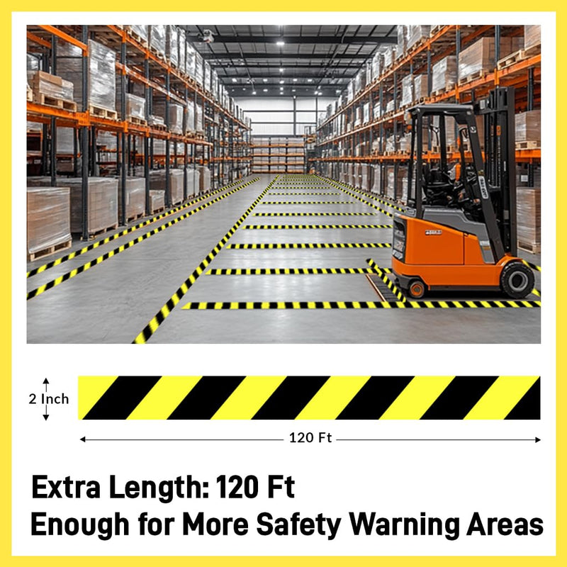 2 Inch x 120 FT Black & Yellow Caution Tape Roll, Hazard Safety Floor Marking Tape, Strong Adhesive, Waterproof, Wear Resistant for Floors, Walls, Staircases, Pipes, Equipment, Dangerous Areas 2" x 120' Black/Yellow 1