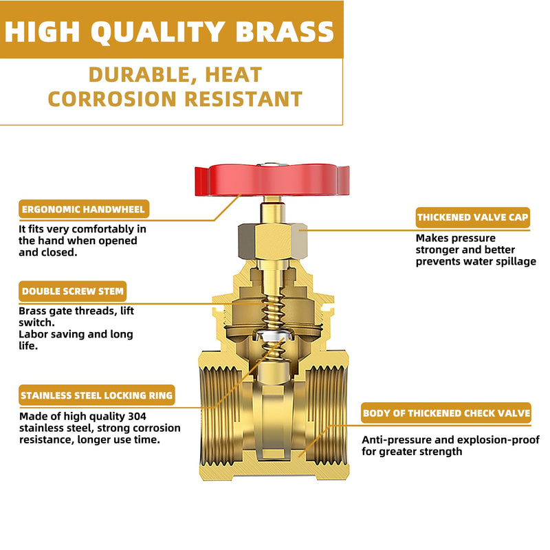 3/4" NPT Brass Gate Valve, Heavy Duty Female x Female Thread Manual Rotary Sluice Valve with Wheel Handle for Water, Oil, Gas, Industrial Plumbing, and HVAC Systems (3/4", DN20) 3/4"-NPT