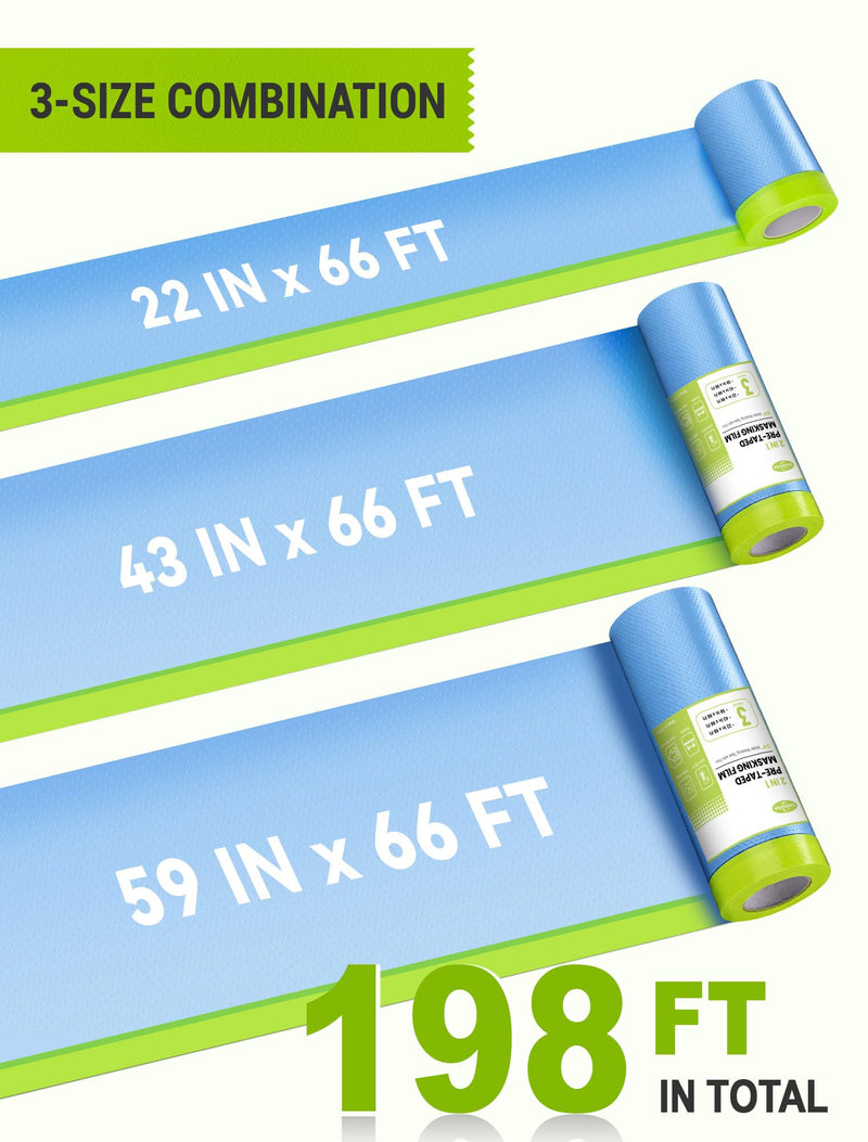 SARDVISA Pre-Taped Masking Film for Painting, 59/43/ 22 in * 66 FT, 3-Rolls Painters Plastic Sheeting with Widened Paint Tape and Drape for Covering Walls, Windows, Cars & Furniture Protection