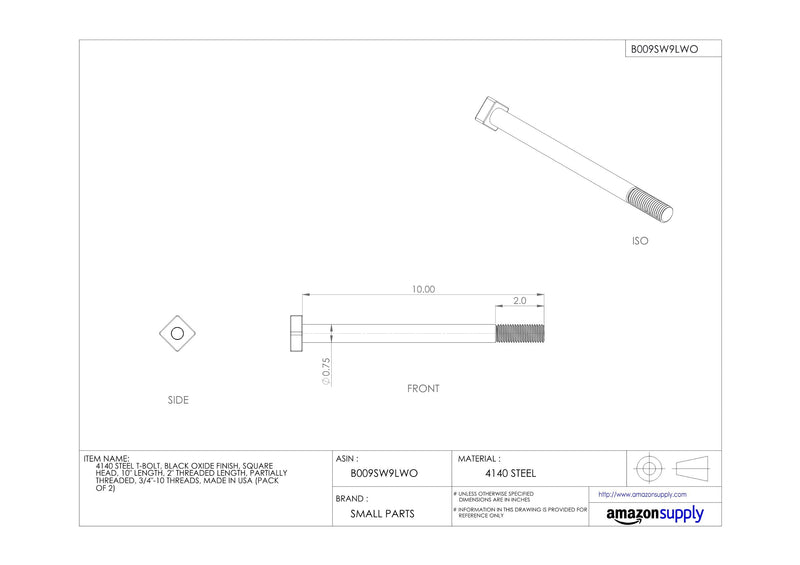 [Australia - AusPower] - Te-Co 46461 Black Oxide 4140 Steel T-Bolt, 1/2"-13 TPI, 1-1/2" Thread Length, 2" Length, 7/8" x 7/8" x 5/16" Head, 1/2" Table Slot (Pack of 2) #10-12 Partially Threaded 2 Inches 