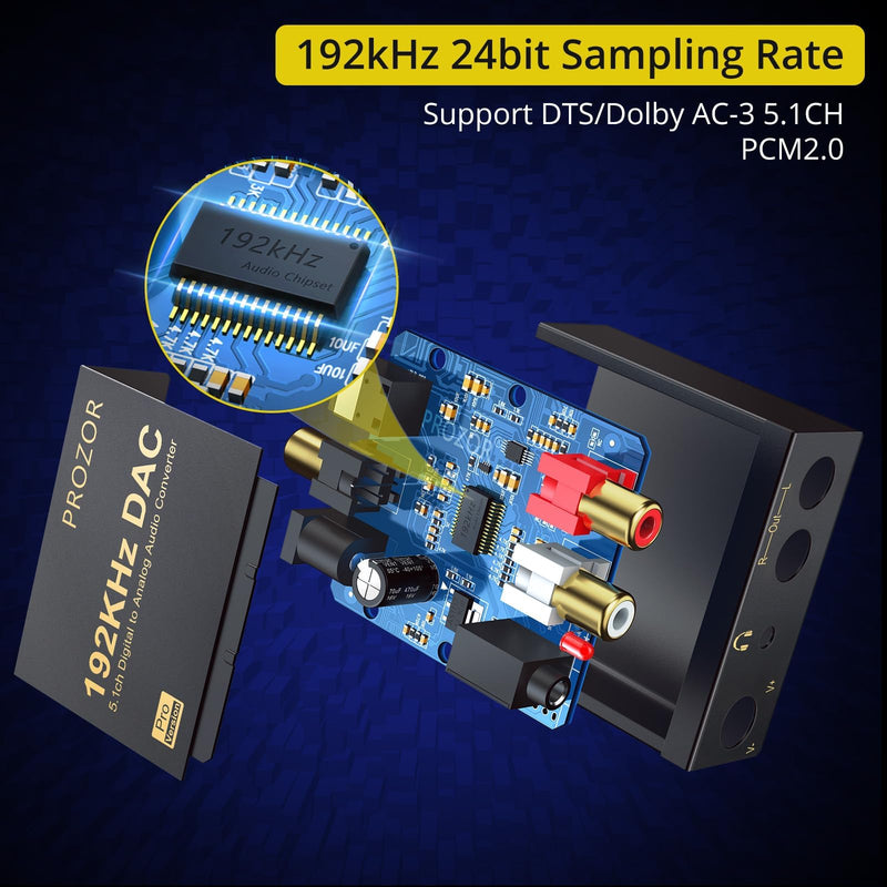 [Australia - AusPower] - PROZOR 192kHz Digital to Analog Audio Converter Support Dolby AC-3 DTS 5.1CH with Volume Adjustable, Optical to RCA DAC Decoder, Digital DAC Converter SPDIF TOSLINK to Stereo L/R & 3.5mm Jack small DAC Support Dolby AC-3 DTS 5.1CH 