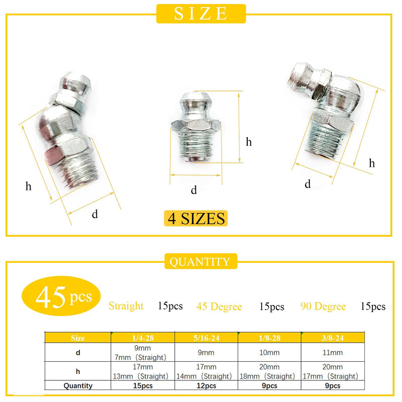 [Australia - AusPower] - 1/4"-3/8" 45Pcs 4 Sizes Grease Fitting Assortment Straight 45 90 Degree Grease Zerk Fittings,Galvanized Steel Grease Fittings and grease gun tips for Industrial/Agricultural Machinery 4Size-45Pcs 
