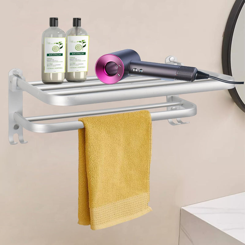 Towel Rack for Bathroom, Bath Towel Holder with Double Towel Bar and Fold-able Towel Shelf, Rustproof Towel Organizer Wall Mounted Towel Storage Hanger for Bath/Balcony/Lavatory(24In Sliver) 24 IN+3 Hook
