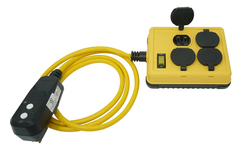 Woods 2516 Coleman Duplex Right Angle Quad Box with Gfci; 125 V; 15 A; 14/3 Awg Sjtw; Gauge; Yellow