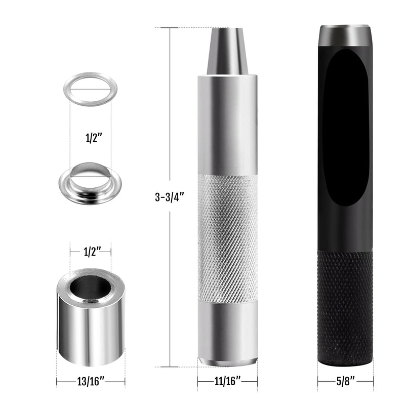 Anley 1/2" Grommet Tools Kit - 100 Sets of Rust Resistant Grommet Refills, Handheld Hole Cutter & Punch Tool - DIY Crafts Self-Piercing Eyelets for Fabric, Leather, Tarp, Curtains & Belts (Silver)