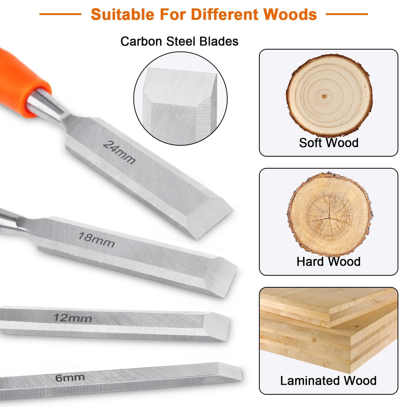 [Australia - AusPower] - 4 Piece Wood Chisel Sets Woodworking Tools Set, Wood Chisels for Woodworking with Steel Hammer End, Wood Tools Chisel Set Woodworking with Ergonomic Plastic Handle, 6mm, 12mm, 18mm, 24mm 