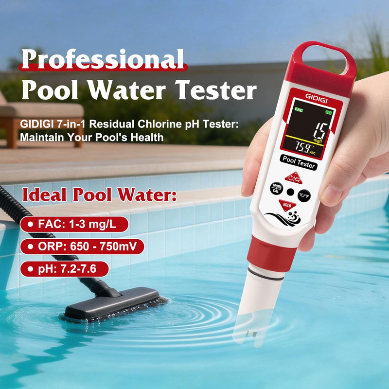 pH Chlorine Meter Digital 7 in 1, Pool ORP Salinity Meter Test pH CL Salt ORP EC TDS Temp, for Pools Aquariums Hydroponics Drinking Water Hot Tubs, Water Test Kit, with Calibration Solution