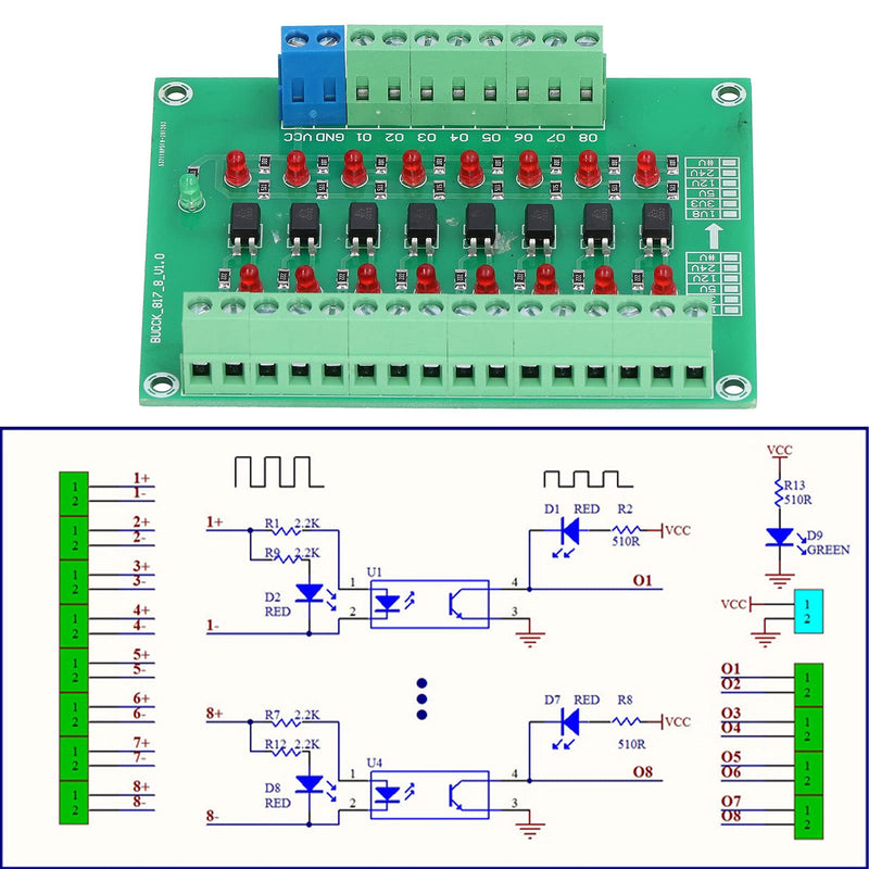 8 Channel Optical Isolation Module 24V to 5V Optocoupler PLC Signal Converter Board for Signal Isolation