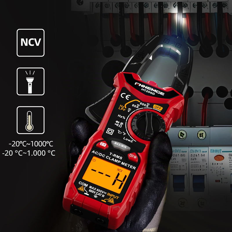 FNNEMGE HT206D Current Clamp, Current Meter DC/AC Current: 0-600A, Multimeter True-RMS 6000 Counts Auto Ranging, Measures Voltage Capacity Continuity (AC/DC Current)