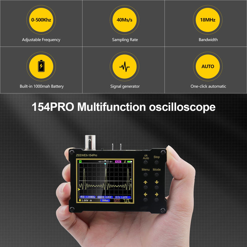 [Australia - AusPower] - Oscilloscope Signal Generator with 2.4" LCD Display 154 PRO Digital Oscilloscope Portable 500Khz 40Ms/s Sampling Rate 18MHz Bandwidth Built-in 1000mah Battery Handheld Oscilloscopes with X1/X10 Probe 154PRO 