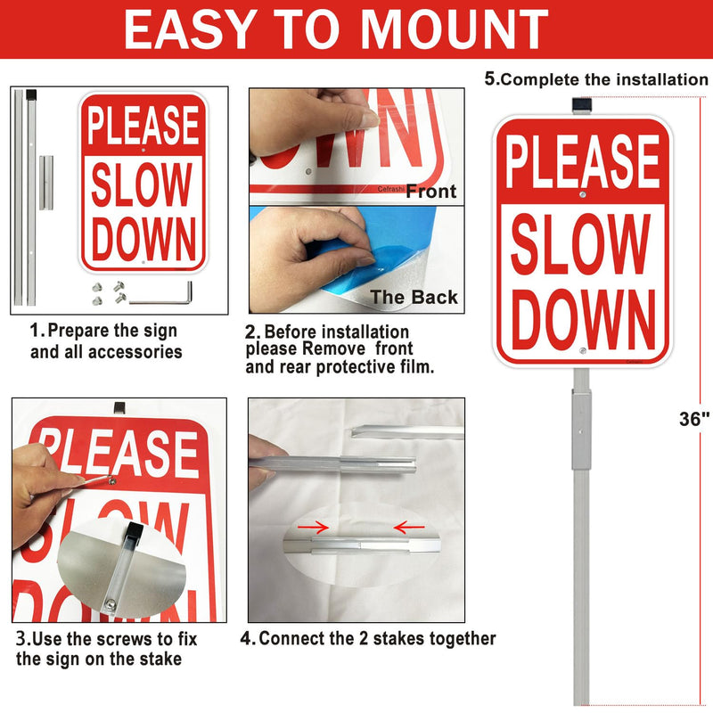 2 Pack Please Slow Down Yard Signs, with 36" Metal Stakes, 14"x10" Reflective Aluminum, Durable Warning Traffic Sign for Slower Speeds, Great for Neighborhoods, Includes Matching Screws & Wrench Red 2Pack- 14"x10" Slow Down Sign- with Stake