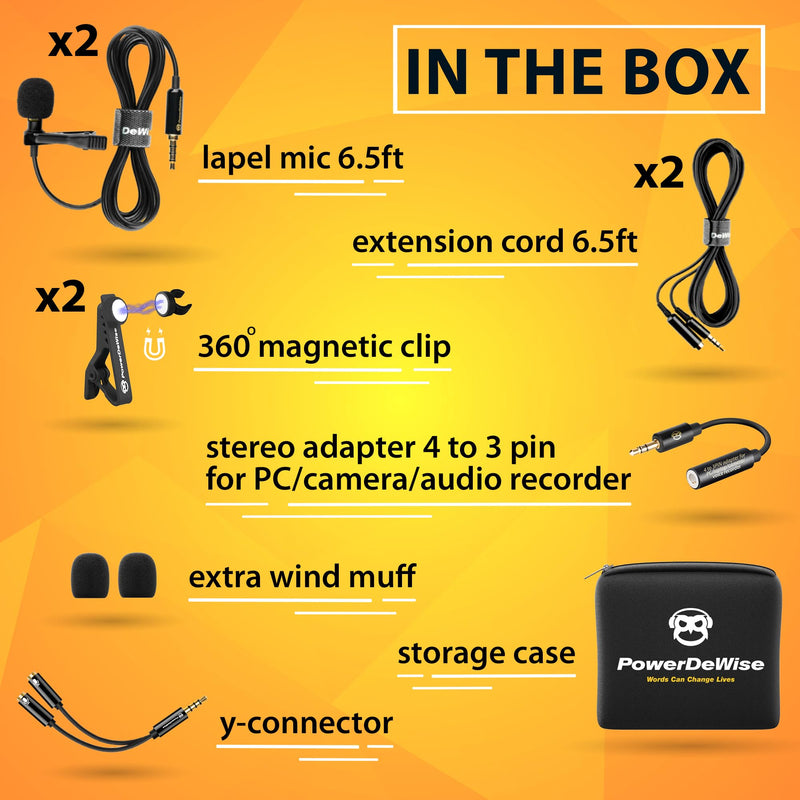 [Australia - AusPower] - PowerDeWise Professional Grade 2 Lavalier Clip-On Microphones Set for Dual Interview - Double Lav Lapel Microphone - Use for iPhone Phone Camera - Video Recording Noise Cancelling 3.5mm Mic Black 