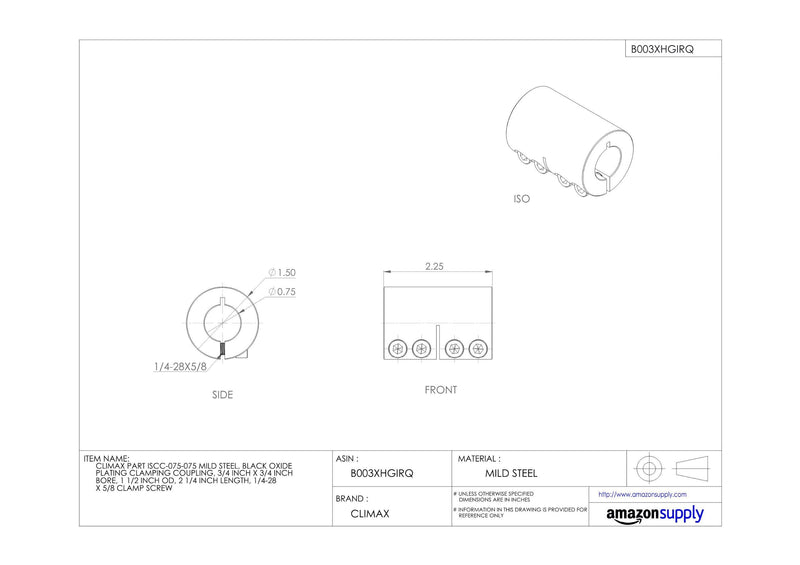[Australia - AusPower] - ISCC-075-075 Black Oxide Plated Mild Steel Clamping Coupling, 3/4" x 3/4" Bore, 1-1/2" Outside Diameter, 2-1/4" Length, 1/4"-28 x 5/8" Clamp Screw 