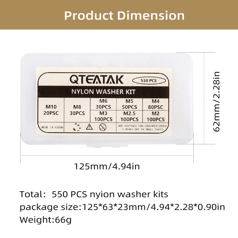 [Australia - AusPower] - QTEATAK 510 Pcs White Nylon Flat Washer Assortment Kit for Electrical Connections on Household & Commercial Appliances, (M2 M2.5 M3 M4 M5 M6 M8 M10) 