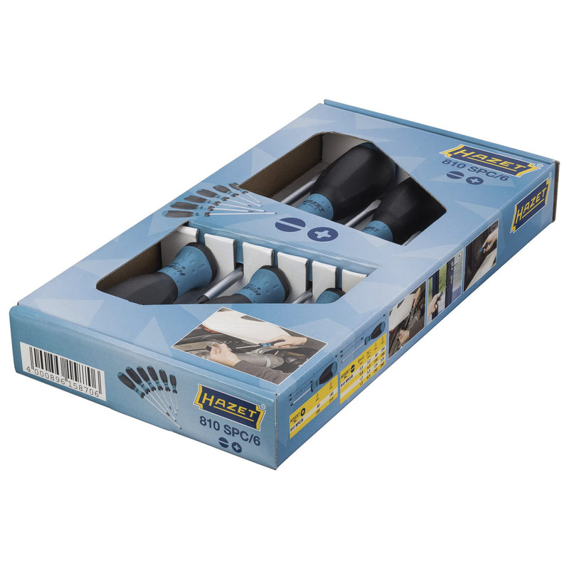 HAZET Screwdriver Set 810SPC/6 I 6-Piece Set with Non-Slip 3-Component Handle for High Force Transmission I Matt Chrome-Plated Surface, 4x Slotted Profile, 2x Phillips Profile 3-component handle without hanging hole