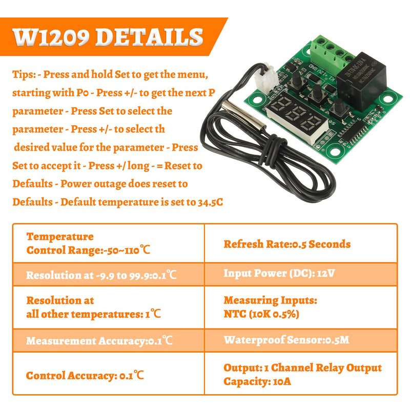 [Australia - AusPower] - W1209 12V DC Digital Temperature Controller Board Micro Digital Thermostat -50-110°C Electronic Temperature Temp Control Module Switch with Waterproof Case?2PCS? 