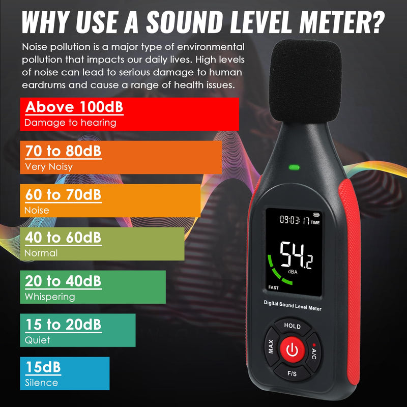 [Australia - AusPower] - Decibel Meter Sound Level Meter dB Meter Sound Noise Meter 30-130dB with MAX Data Hold, Data Record Function, Rechargeable With Alarm and A/C Frequency, Fast/Slow Time Selection for Home, Classroom 