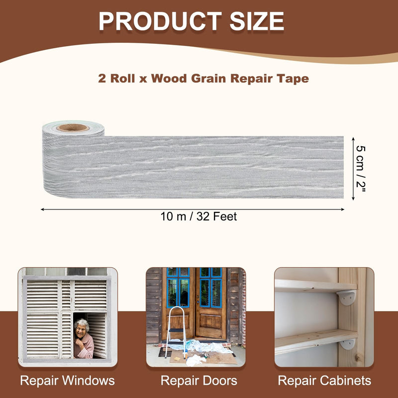 MECCANIXITY Wood Grain Repair Tape, 2 Inch x 33 Feet Self Adhesive Wood Grain Tape Multi-Purpose Wallpaper Border Trim for Furniture Floors Windows Doors Tables Home, Gray, 2 Roll