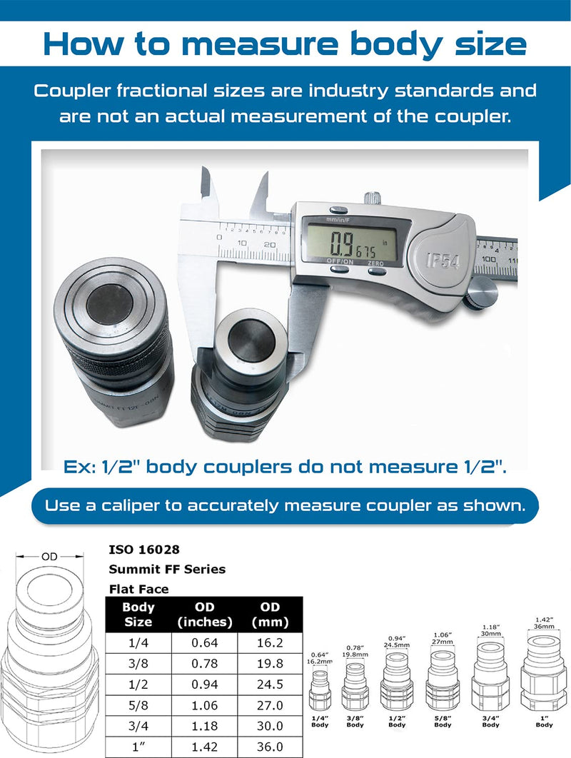 [Australia - AusPower] - Summit Hydraulics 1/4" NPT Flat Face Hydraulic Quick Connect Coupler Set w/Dust Caps 