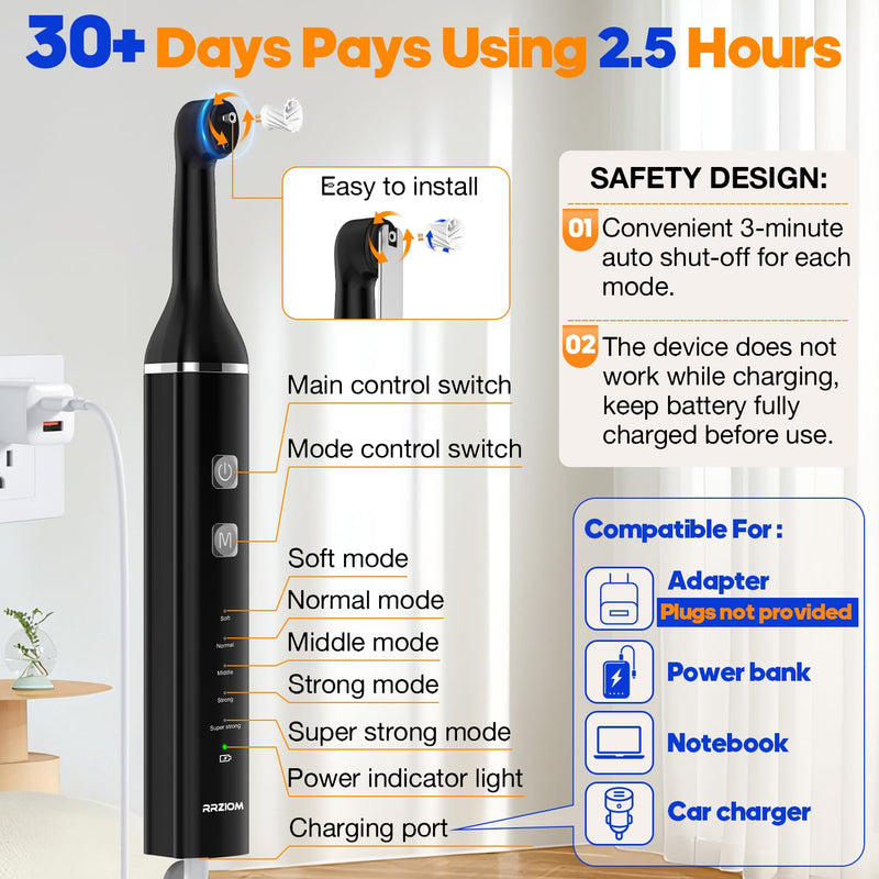 [Australia - AusPower] - Tooth Polisher, RRZIOM Rechargeable Teeth Polisher for Teeth Whitening and Cleaning Kit, Waterproof Tooth Polish Dental Tools with LED Light, 5 Brush Heads, 5 Speed Modes, Tooth Polishing Kit Black-1 