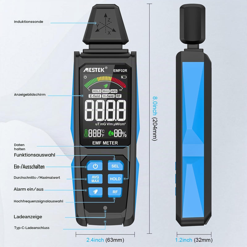 EMF Meter MESTEK 5-in-1 EF/MF/Radio Frequency EMF Meter, Electromagnetic Fields High Frequency Field Radiation Meter with Digital LCD Rechargeable for Home, Office and Outdoor Use black and blue