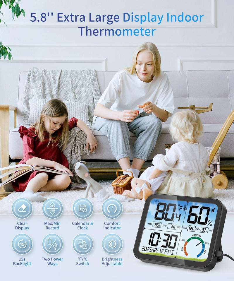 [Australia - AusPower] - VOCOO Digital Indoor Room Thermometer - 5.8'' Extra Large Display Temperature Humidity Sensor with Accurate Temp Humidity Gauge Monitor, Calibration, Max & Min Records, Comfort, Backlit, Date & Clock Black 