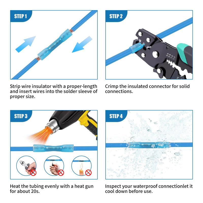 Heat Shrink Butt Connectors - 500Pcs 16-14 AWG Blue Waterproof Electrical Wire Connectors Automotive Marine Grade Wire Crimp Terminals Butt Splices for Cable,Boat,Home Electrical etc. [16-14 AWG] x 500