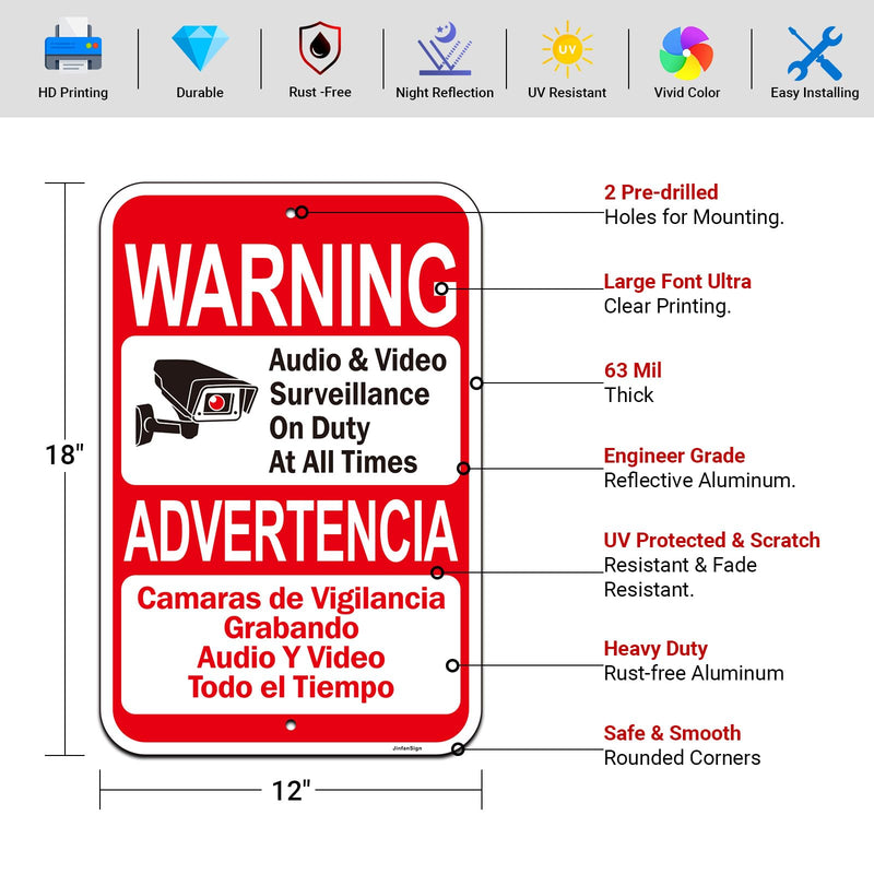 2 Pack Large Audio & Video Surveillance on Duty at All Times Bilingual Signs, 18"x12" Engineer Grade Rust Free Reflective Aluminum, Fade/Weather Resistant, UV Protected, Easy to Install