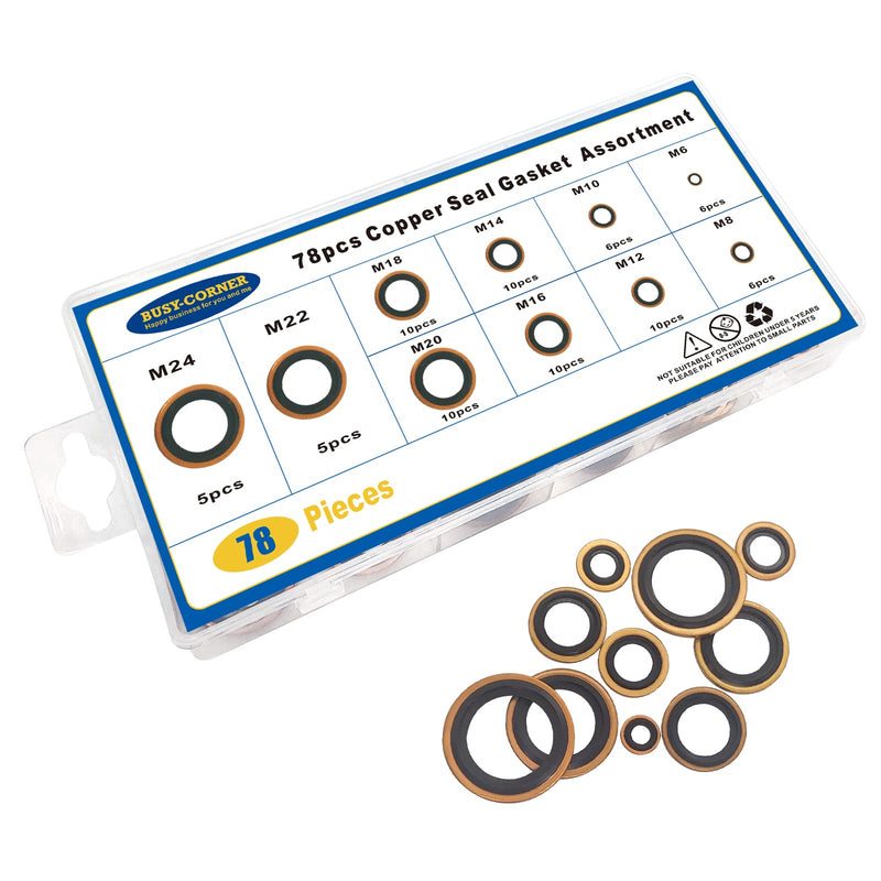 [Australia - AusPower] - 78 PCS 10 Sizes Copper Metric Bonded Seal Dowty Washer, Automotive Self-Centred Dowty Seal Gasket Assortment, M6/8/10/12/14/16/18/20/22/24 