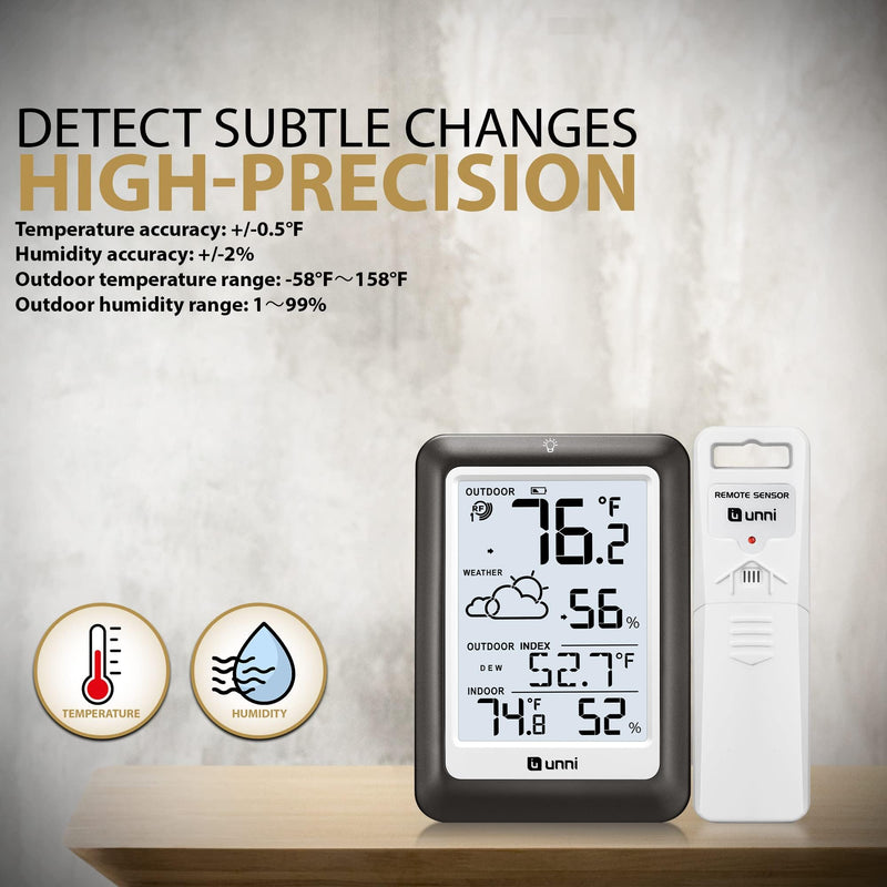 Indoor Outdoor Thermometer Wireless Weather Station, Temperature Humidity Monitor Battery Powered Inside Outside Thermometers with 330ft Range Remote Sensor and Backlight Display（Metal Black） Metal Black