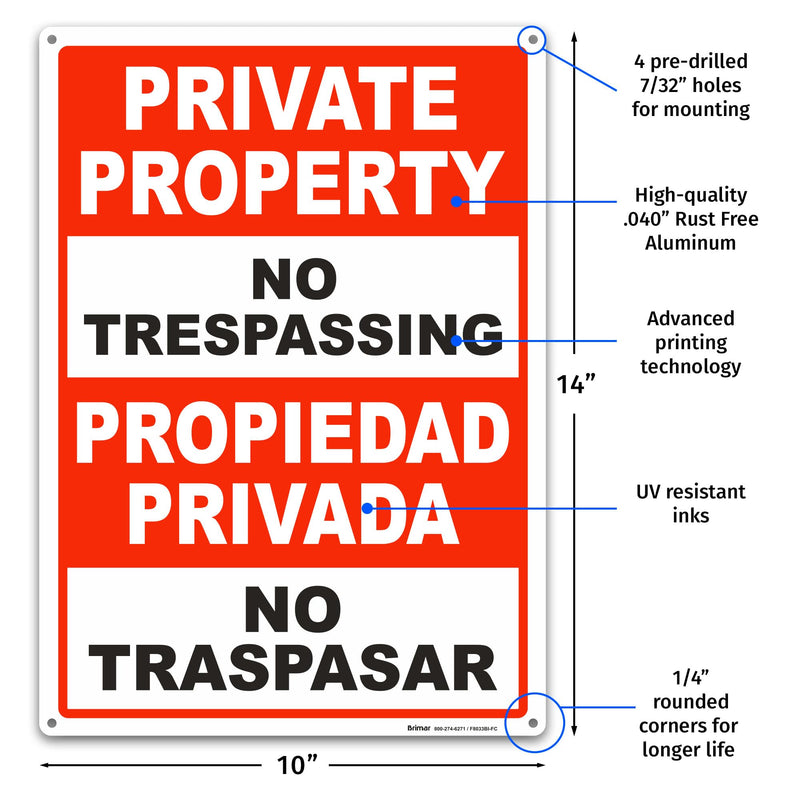 Brimar - 10" x 14" - Bilingual Private Property No Trespassing Sign - .040″ Rust-Free Aluminum - Bold Text And Symbol - Easy Installation, Red 10"x14" (Pack of 1)