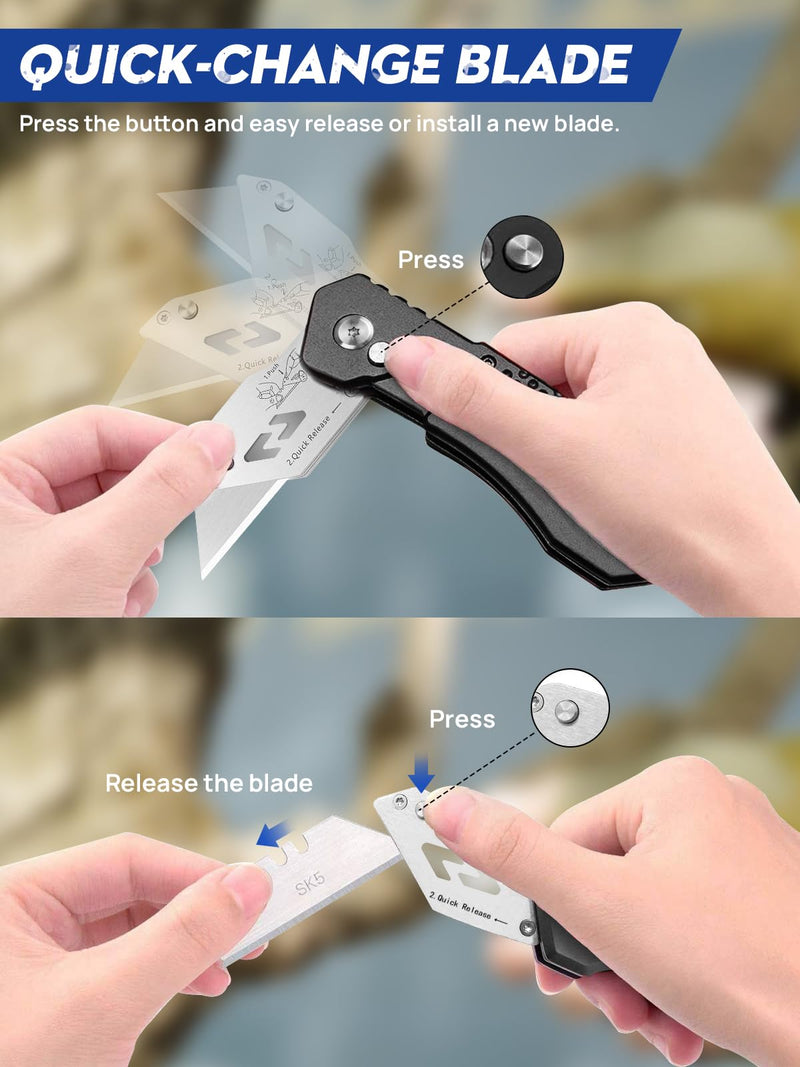 [Australia - AusPower] - Utility Knife, BIBURY Upgraded Version Heavy Duty Box Cutter, Pocket Carpet knife with 10 Replaceable SK5 Stainless Steel Blades, Belt Clip, Easy Release Button, Quick Change and Safety Lock-Black Black 