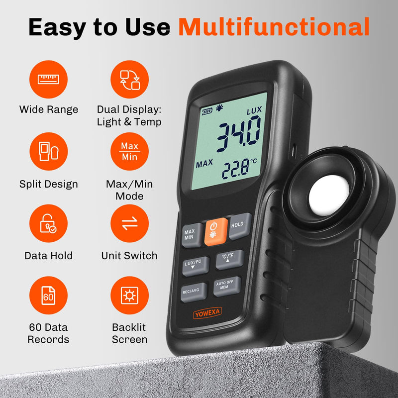 [Australia - AusPower] - YW-552 Digital Illuminance Light Meter, Split Sensor Lux/Foot Candles Meter 0–200,000 Lux, Data Record, Max/Min Mode, for Plants, Photography & Workspaces 