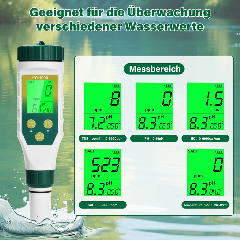 5-in-1 pH Value Meter, Multifunctional Salt Content/pH/EC/TDS/Temperature Meter Water, PH Tester for Drinking Water, Hydroponics, Pool, Spa | Multifunktions Messgerät Wasser, PH Tester für Trinkwasser, Hydrokultur, Pool, Spa 5 IN 1(B)