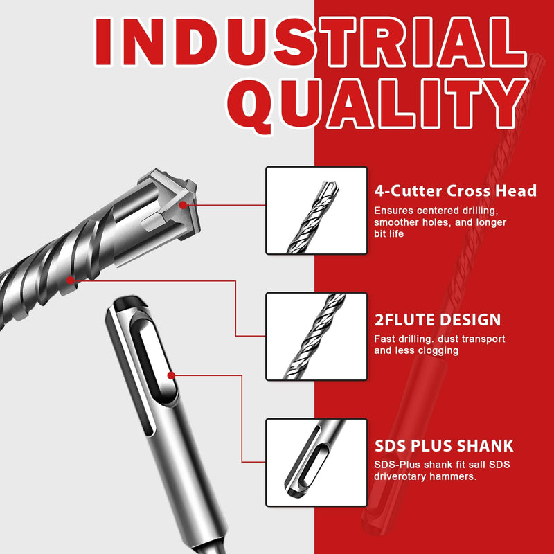 1-1/4" x 12" SDS Plus Rotary Hammer Drill Bit, Cross Carbide Tip, Heavy Duty Masonry Drill Bits for Concrete, Brick Hammer Drill Bits - Concrete Drill Bit Set 1-1/4" x 12" Length :12 inch
