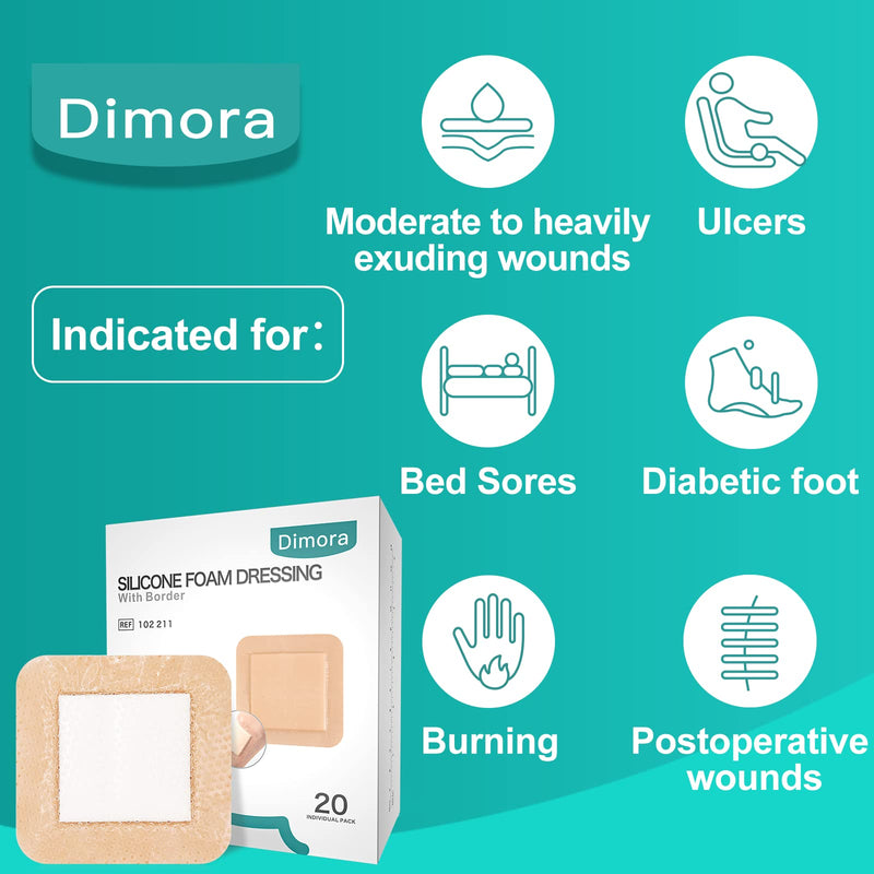 [Australia - AusPower] - Dimora Silicone Foam Dressing with Border 20 Pack Adhesive 4"x4" Waterproof Wound Dressing Bandage for Wound Care 4"x 4" 