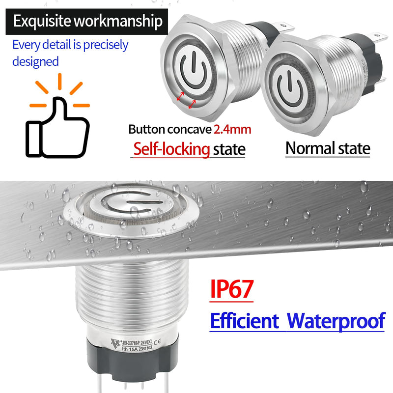 [Australia - AusPower] - 15Amp 19mm Latching Push Button Switch 12V DC 24V Waterproof IP67 Power Button 1NO SPST Power Button Blue Led Metal Self-Locking On Off 3/4inch with Wire Socket 15 Amp Latching, 12/24V DC 