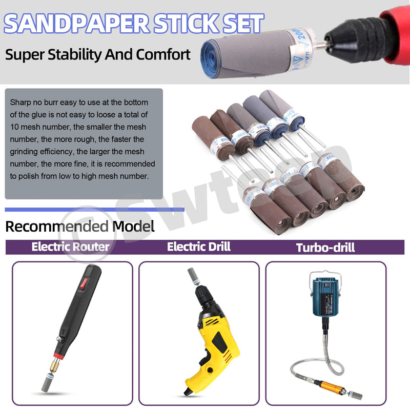 [Australia - AusPower] - Swpeet 10 Pcs Sanding Drums Sleeves Kit, 180-2500 Grit Sandpaper Grinding Head Sandpaper Bar Stick, Abrasives Cartridge Rolls, Polishing Burr Stick Roller Sanding Tool, Woodworking Polishing Tool 