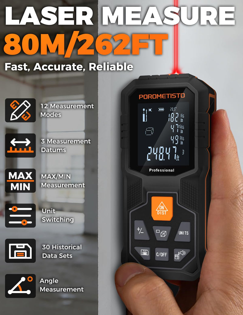 Laser Measure Tool (262ft/80m, ±2mm) with Tripod Mount and Angle Sensor | POROMETISTO 12 Modes（ Angle, Area, Volume, Pythagorean）Handheld Laser Distance meter for Home Construction 80M/262FT