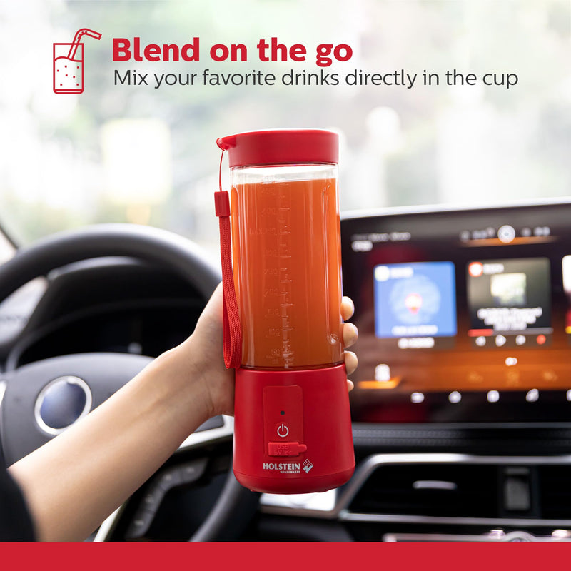 [Australia - AusPower] - Holstein Housewares - USB Portable Blender, 16oz Personal Smoothie & Shake Maker with Rechargeable Battery, Type-C Fast Charging, Spill-Free Lid & Indicator Light - Red 
