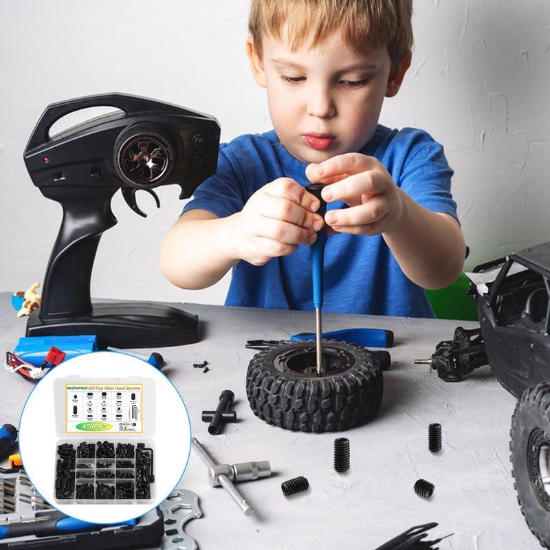 [Australia - AusPower] - 450 Pcs Set Screw Assortment Kit, Allen Head Hex Socket Grub Head Screw Set, Black Hex Drive Cup-Point Grub Screws Set with Internal Hex Drive, with Hex Wrenches, M3/M4/M5/M6/M8 