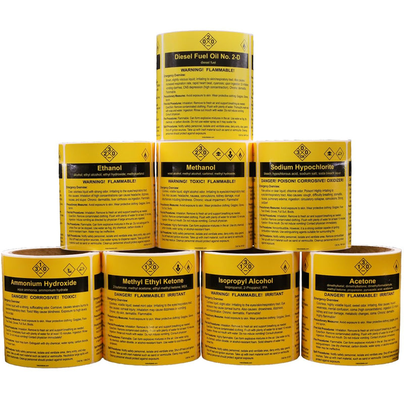 Sodium Hypochlorite Chemical Safety Procedure Labels 4 x 4 Inches, Bleach Stickers Emergency Overview, Precautionary Measures, First Aid, Fire, Spill Procedures, Chemical Safety Info, 100-Pack