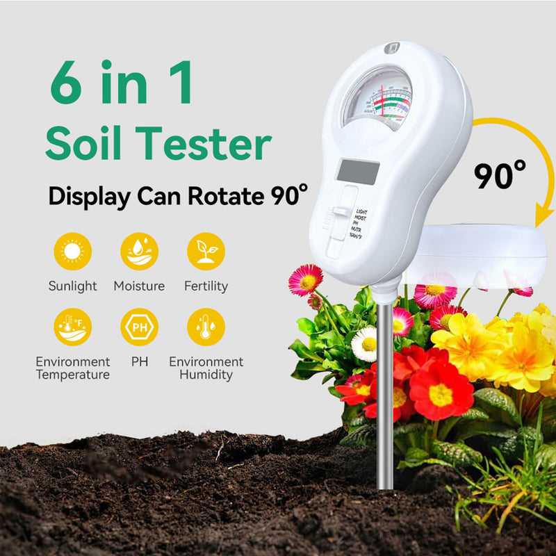 [Australia - AusPower] - 6-in-One Soil Test Kit-Soil Moisture Meter/PH Meter/Fertility/Sunlight Intensity Soil Tester, Dual Screen Meter Display & Rotatable Head for Indoor&Outdoor Plants, Lawn&Farm 