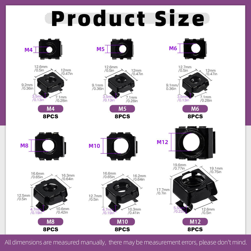 [Australia - AusPower] - Swpeet 48Pcs 6 Sizes M4 M5 M6 M8 M10 M12 Black Zinc Plated Carbon Steel Snap-in Cage Nuts, Square Cage Nut, Rack Rail Retainer Nuts, Server Shelf Cabinets Rack Mount Cage Nuts, Clip-On Computer Nuts 48 